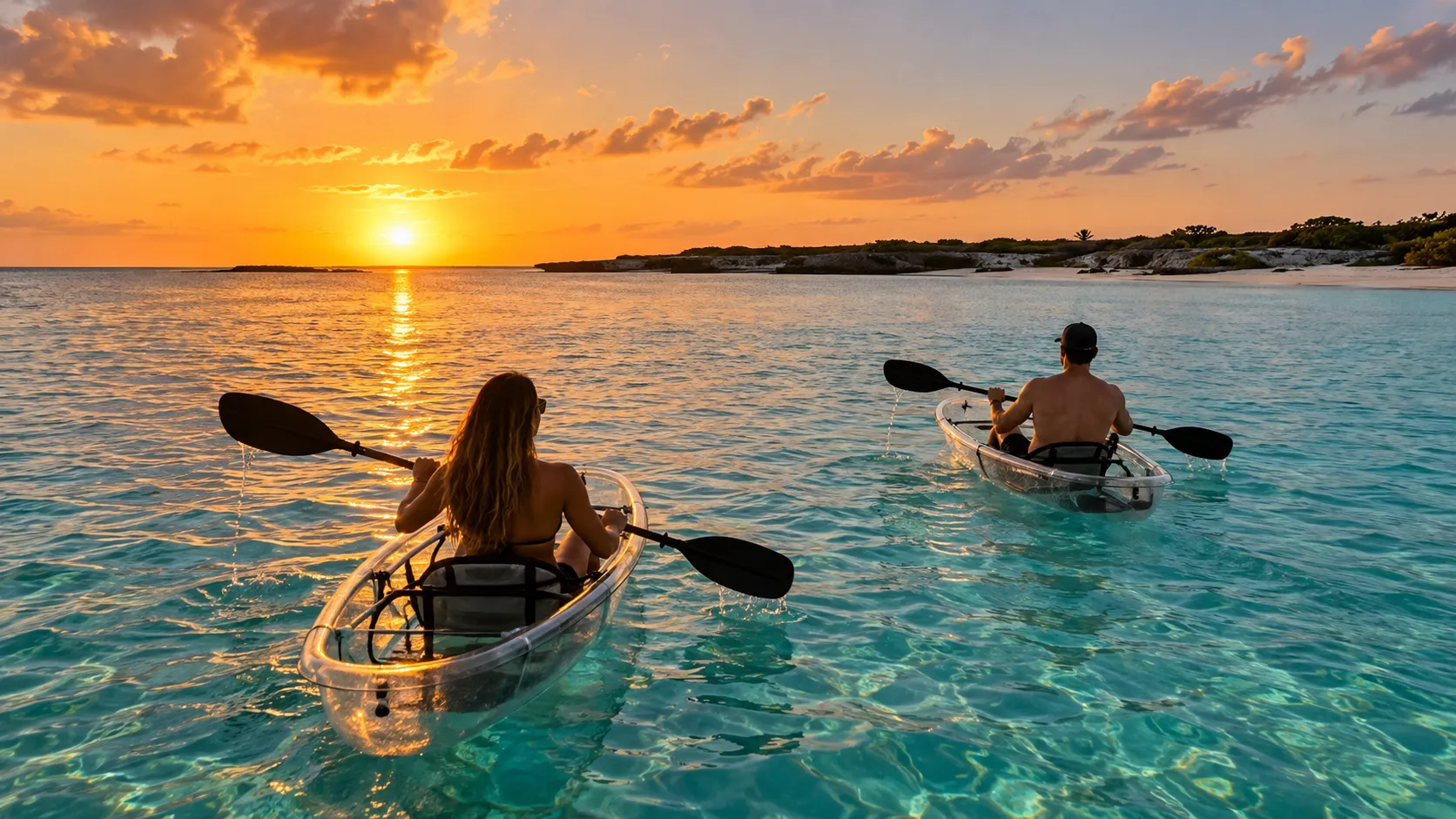 Clear kayaks crossing a calm Anguilla bay at sunset